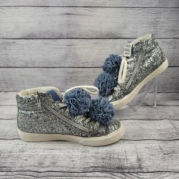 Zara Girls Size 34 Glitter Sneakers with Pom Poms - Picture 2 of 6